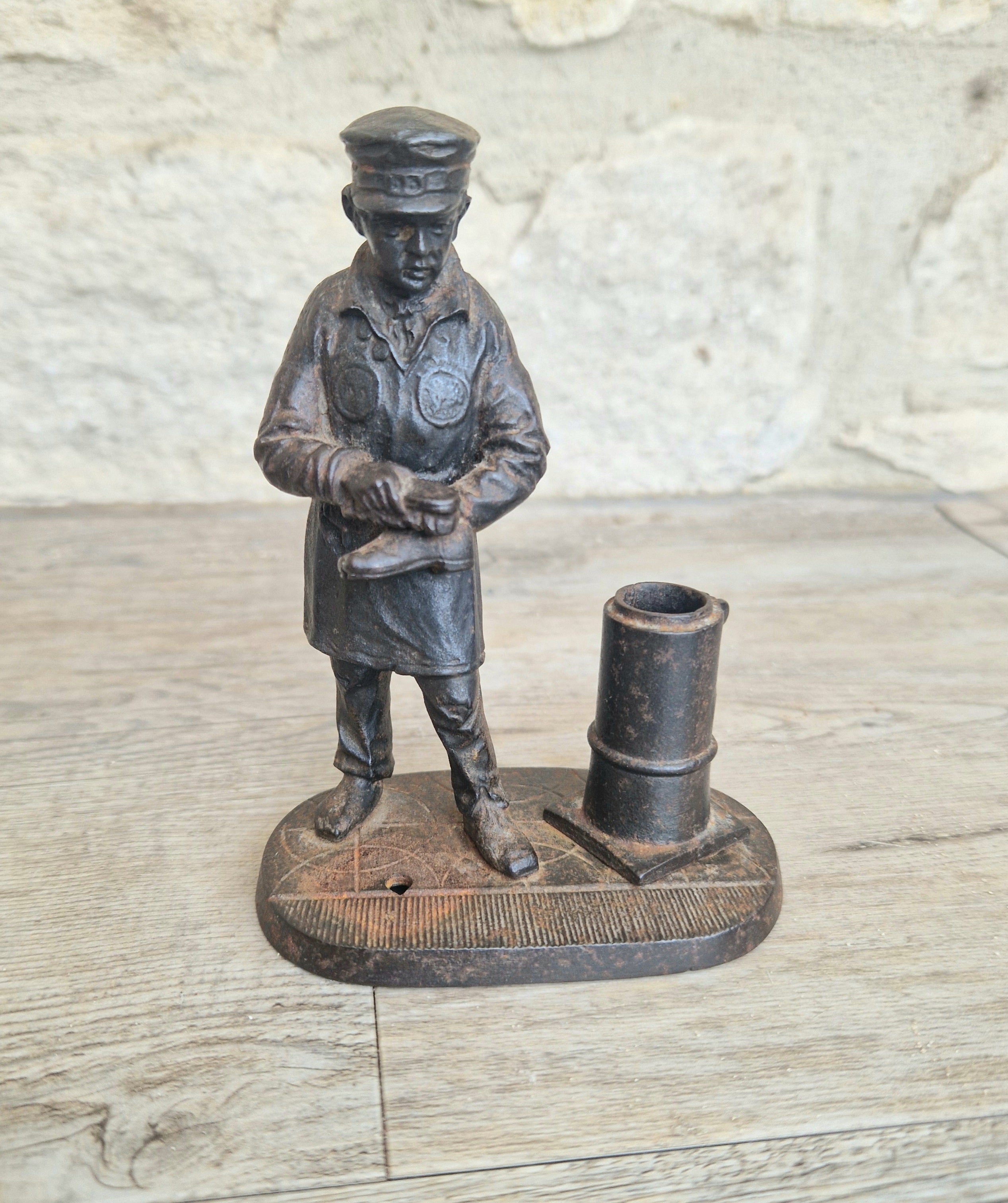 Rare Antique E.G. Zimmermann Hanau Cast Iron Shoeshine Boy Figural Table Match Holder & Striker