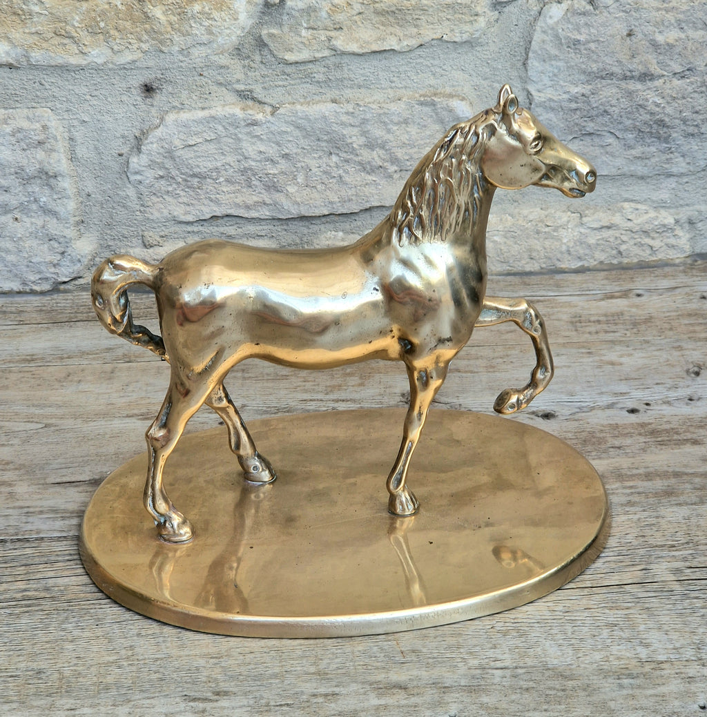 Vintage Solid Brass Horse Statue 22cm Large Heavy Equestrian Trotting Figurine On Base 1.9kg