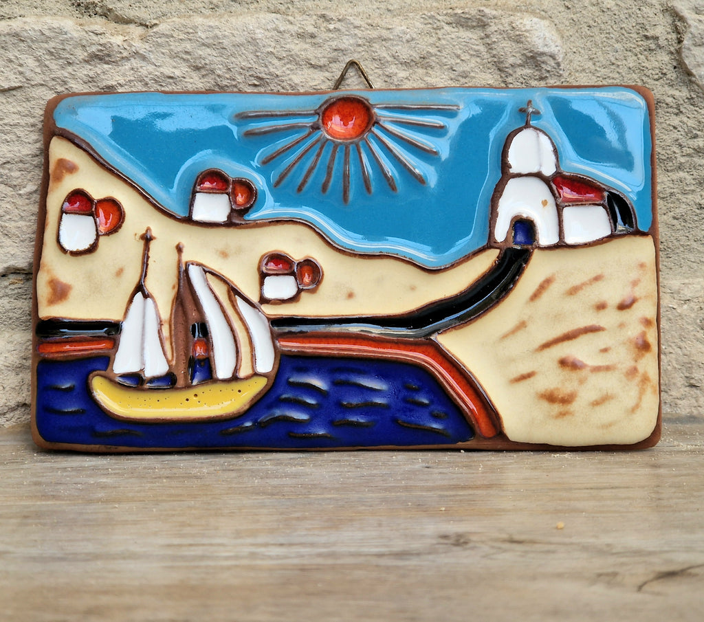 Vintage Dedallos Co Greek Ceramic Wall Plaque Handmade Mediterranean Souvenir Tile