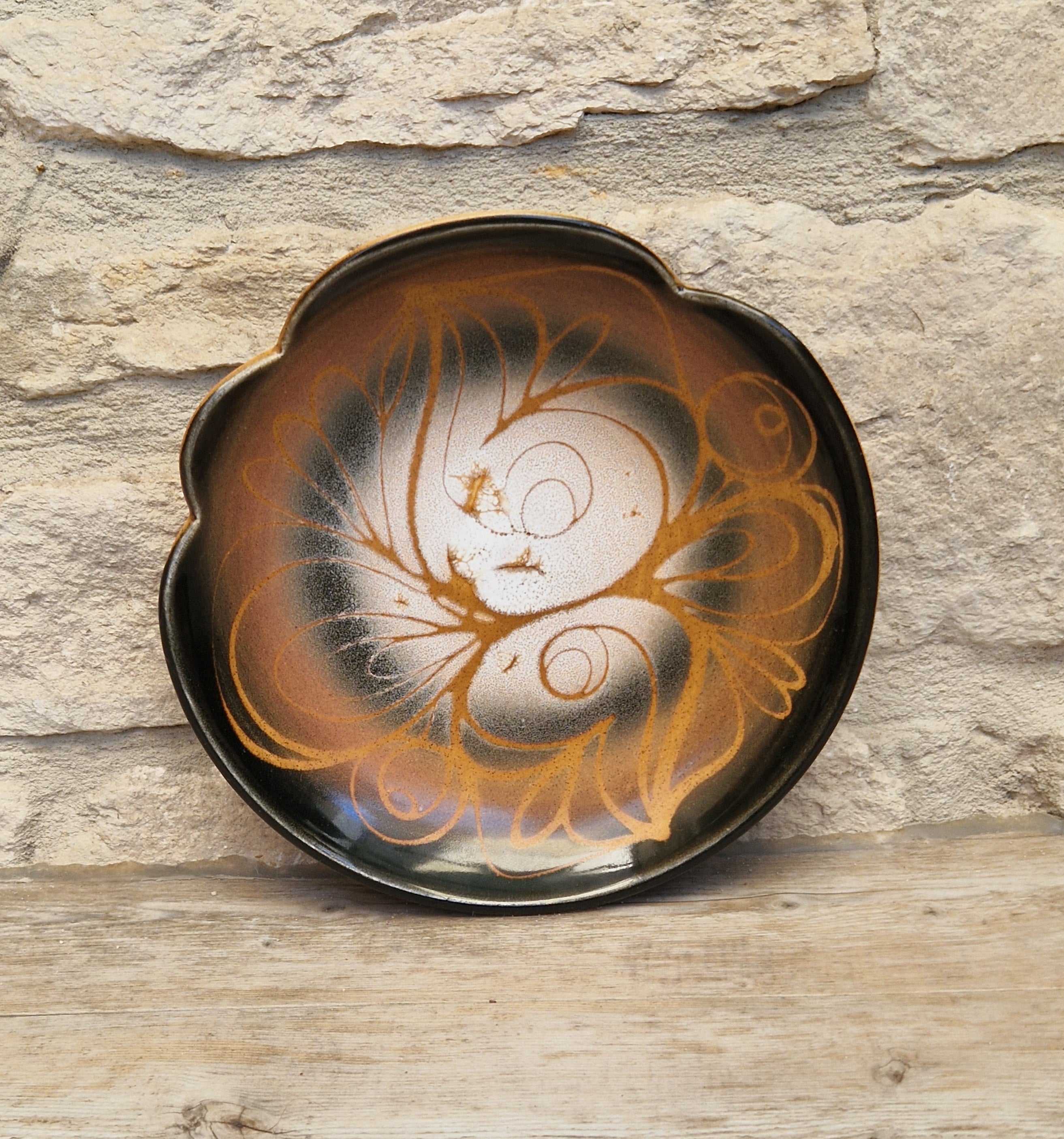 Poole Pottery Aegean "Sweetheart" Fluted Bowl Hand-Painted Stylized Butterfly Motif by Janet Brown Signed 1970s
