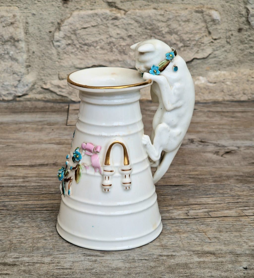 Antique Copeland Porcelain Cat Cream Churn Vases Pair Floral Applied Flowers Gilt 19th Century