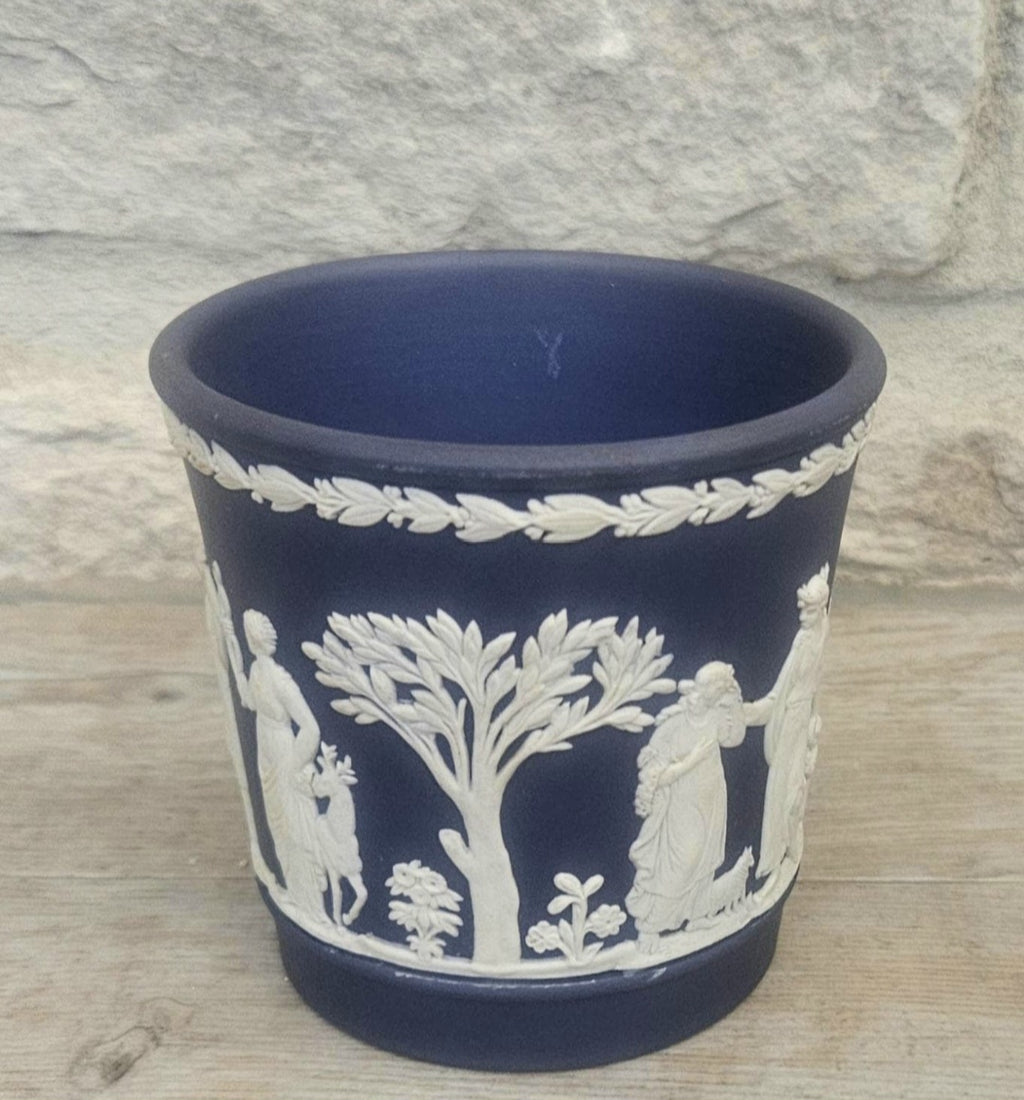 Vintage Wedgwood Cobalt Blue White Relief Neoclassical Small Cache Pot Made in England 7.5cm Tall