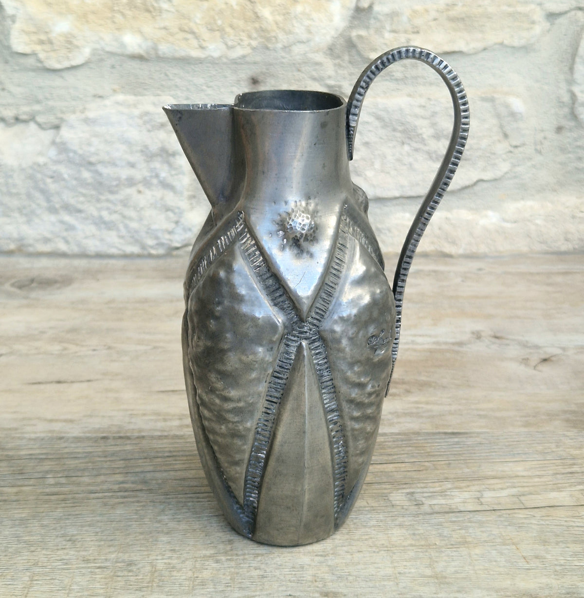 Antique French Art Deco Pewter Pitcher by Alice and Eugene Chanal Hand Hammered Jug Signed