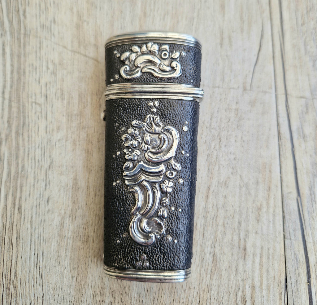 18th Century Etui French Black Shagreen & Silver Necessaire Case Rare Early Example