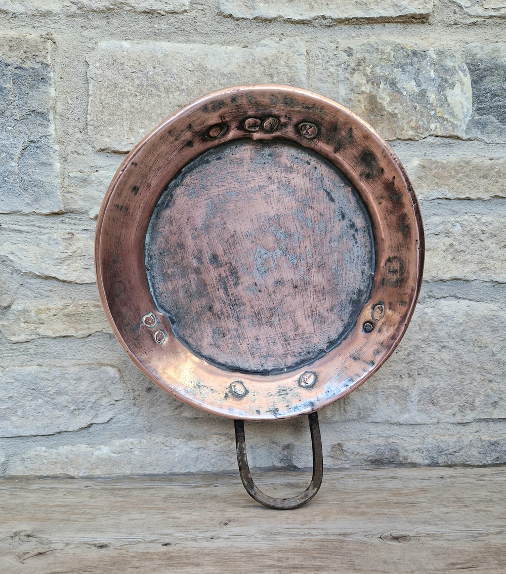 18th - 19th Century Copper & Iron Handle French Tripod Footed Tart Pan Rare Antique Kitchenalia