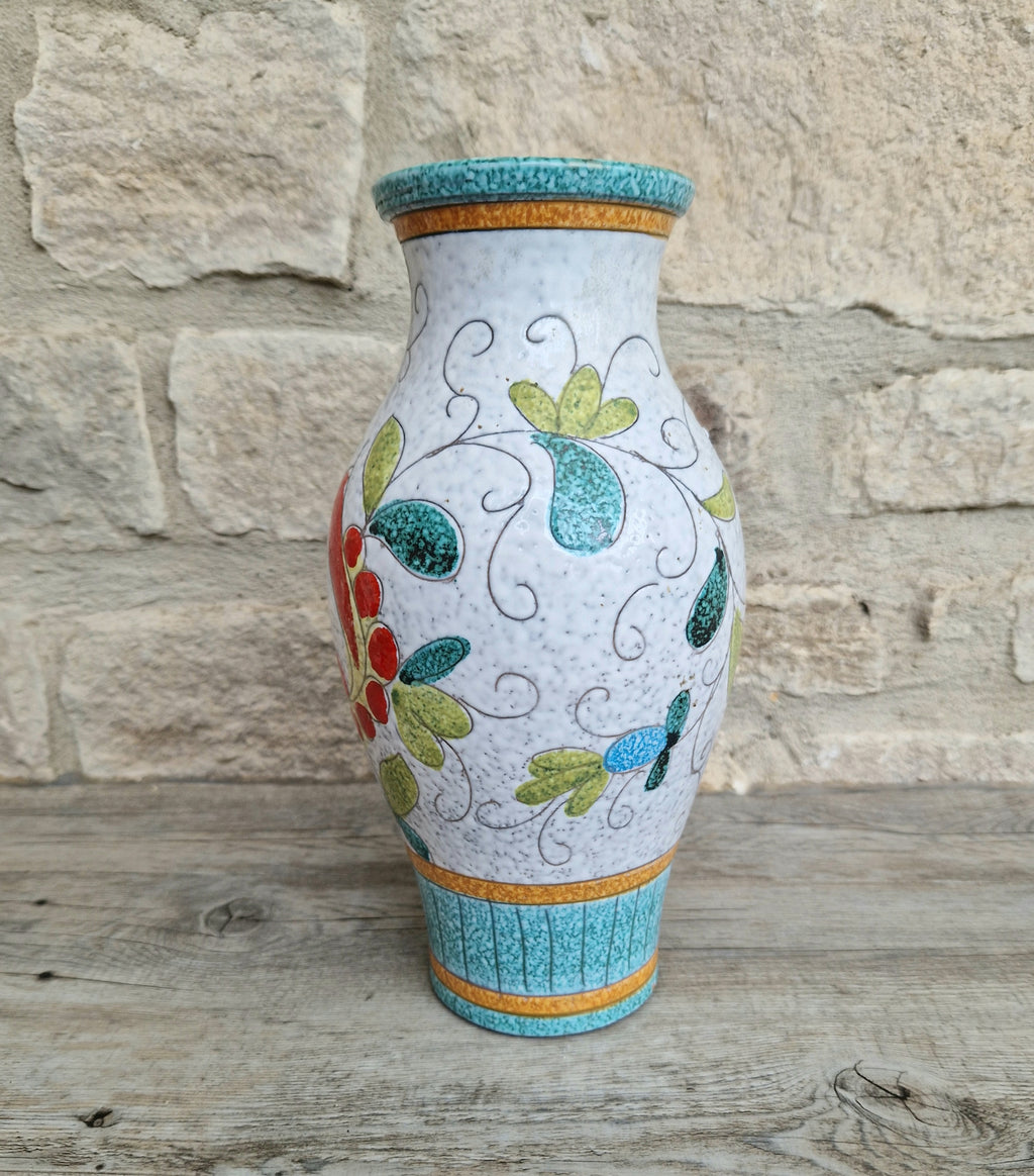 Vintage Large Italian Ceramic Floral Majolica Vase Sgraffito Technique Fratelli Fanciullacci 26cm Tall