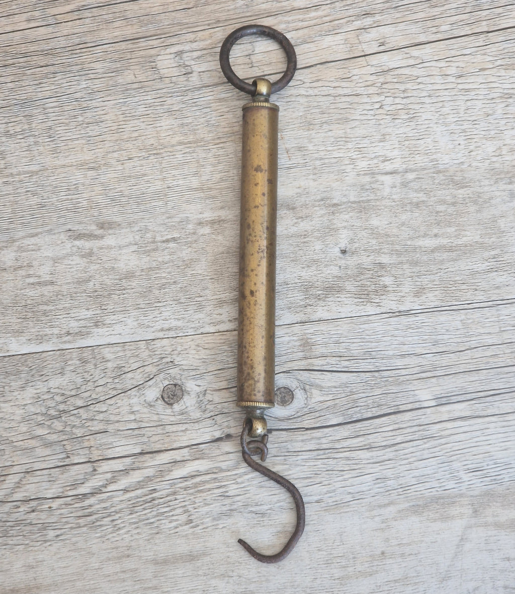 Antique Tubular Brass Spring Balance Scale Hanging Pocket Cylindrical Pocket Scales Working