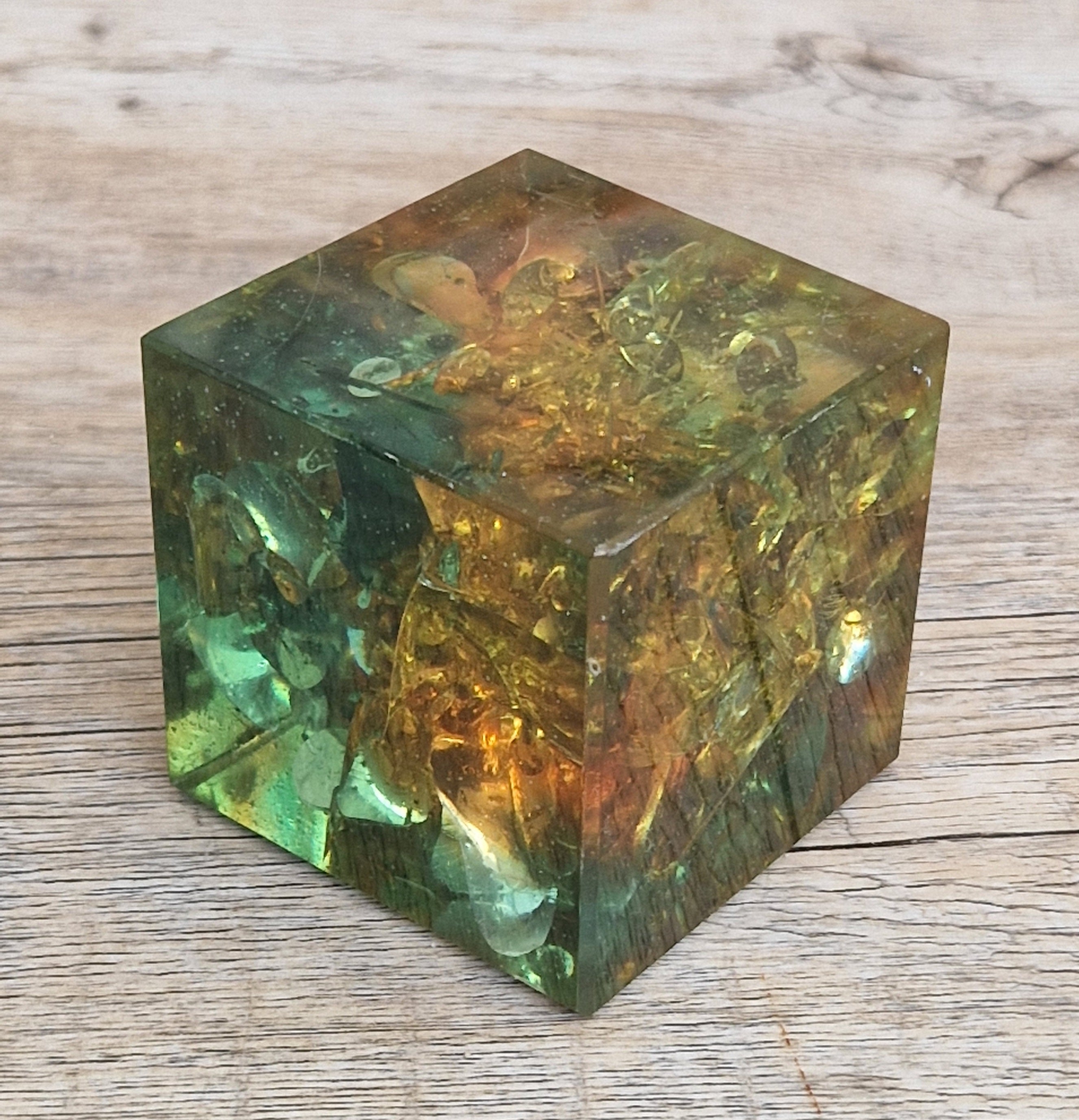 Vintage 1960s Shattaline Resin Cube Paperweight Amber Green Fractured Ice Mid Century Desk Ornament