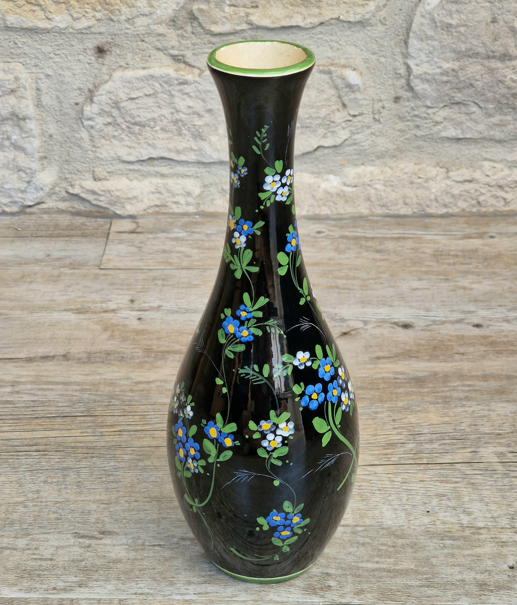Marmaca San Marino Vase Art Ceramic Black Floral Amphora Tall Bottle Vase 1950's