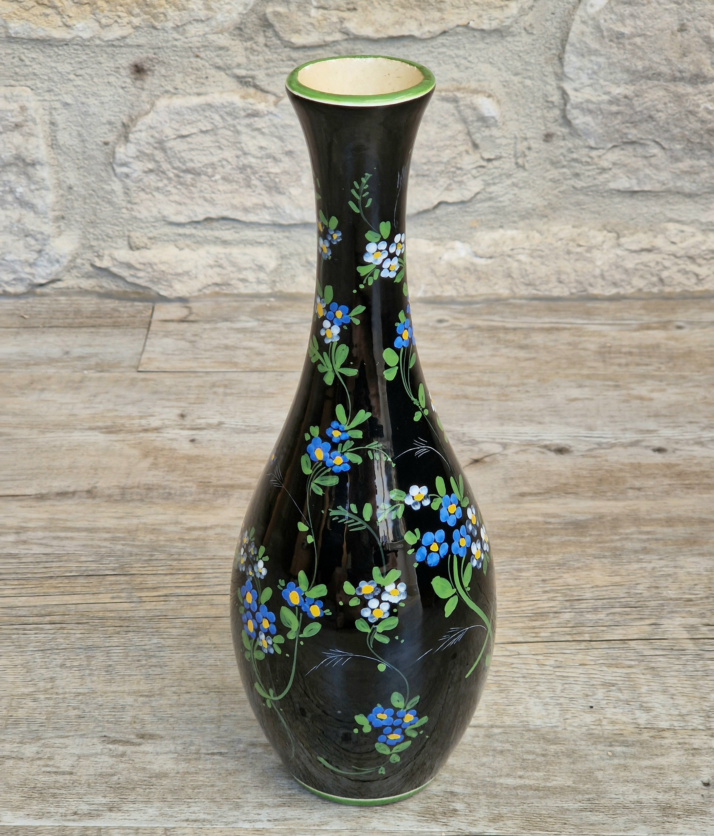 Marmaca San Marino Vase Art Ceramic Black Floral Amphora Tall Bottle Vase 1950's