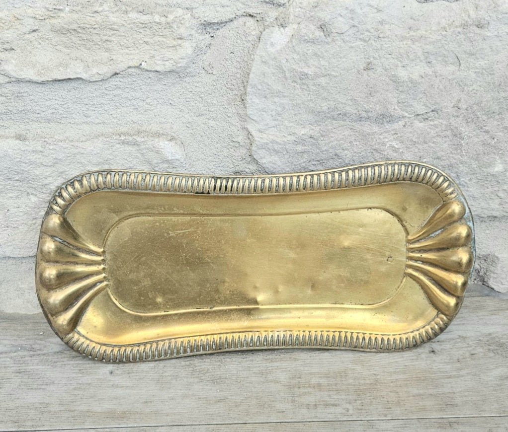 Antique Art Nouveau Brass Trinket Tray Ornate Catchall Dish Vanity Decor with Patina 24cm X 10cm