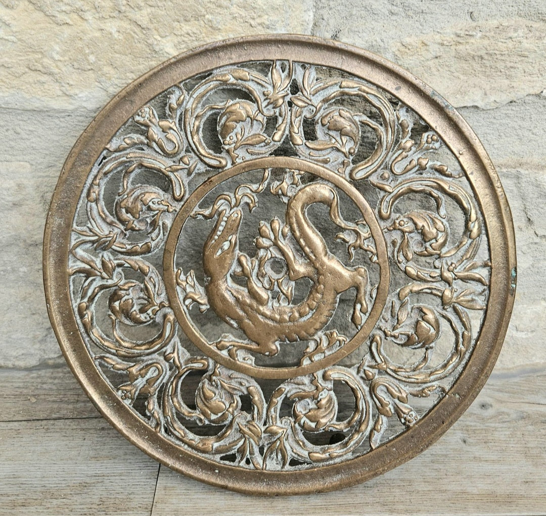 Vintage Filligree Ornate Brass Dragon Round Trivet Stand 20cm Diameter