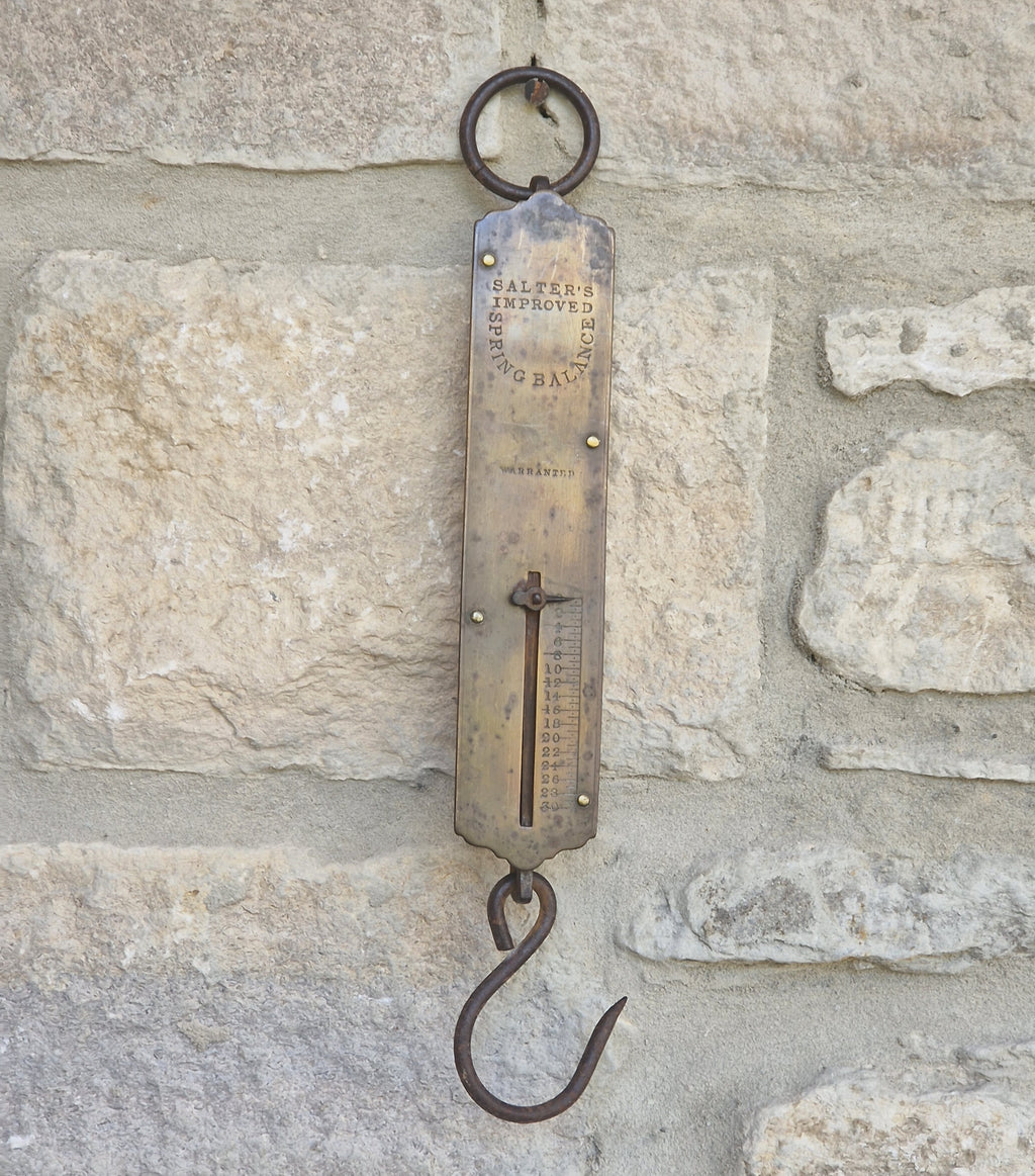 Antique Salter Improved Brass Spring Balance Scale Hanging Pocket Scales 32.5cm Working