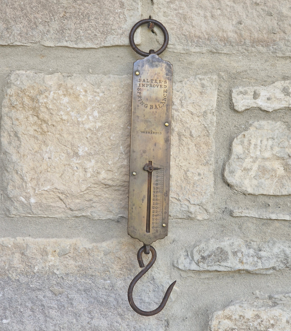 Antique Salter Improved Brass Spring Balance Scale Hanging Pocket Scales 32.5cm Working