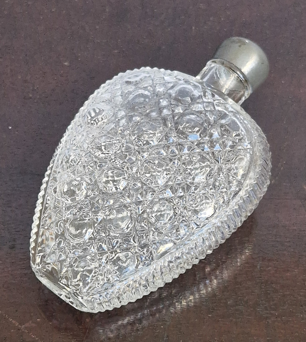 Antique Victorian Pressed Glass Heart Perfume Bottle Pocket Scent Flask Original Cap