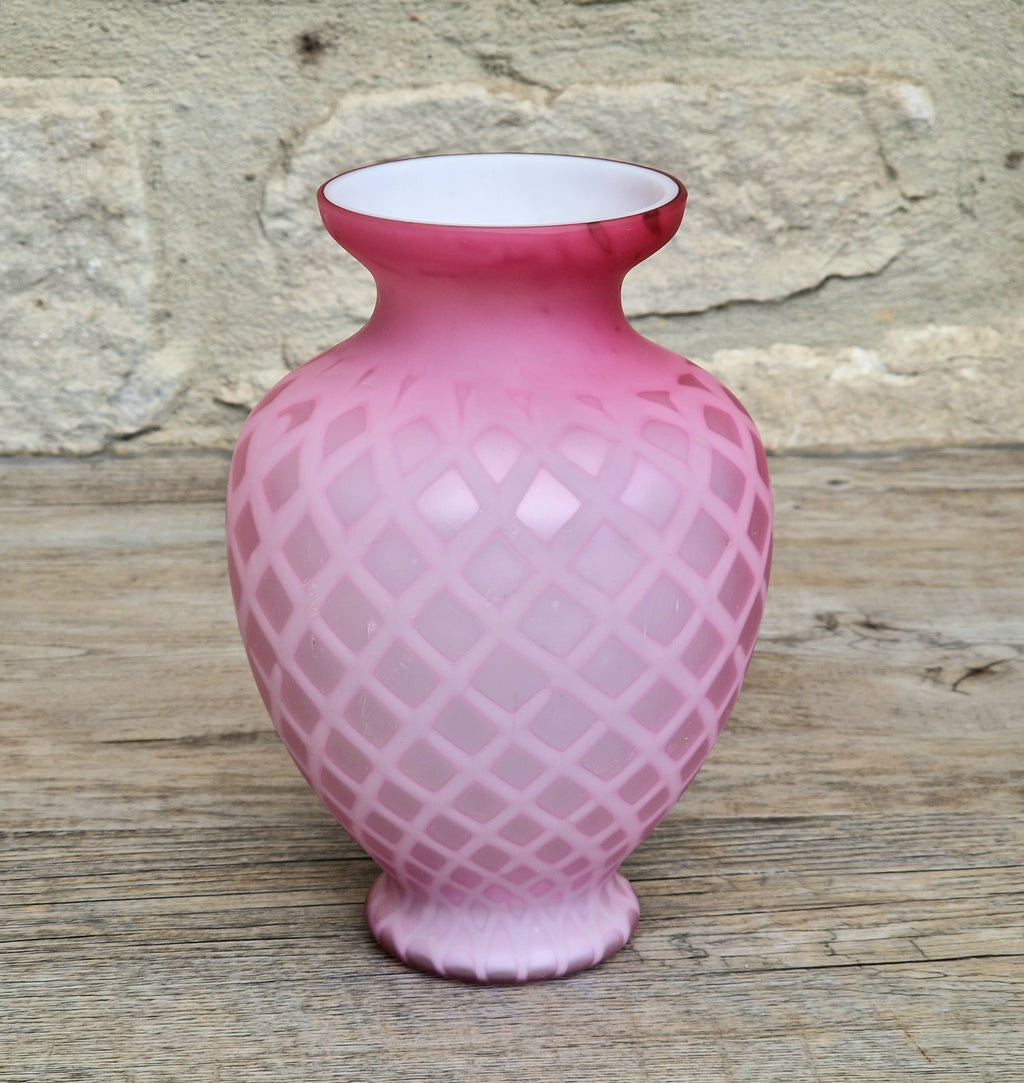 Antique Pink Satin Glass Vase - Victorian Diamond Quilted Mother of Pearl Art Glass - 19th Century Shaded Cranberry Cabinet Vase, Webb Style