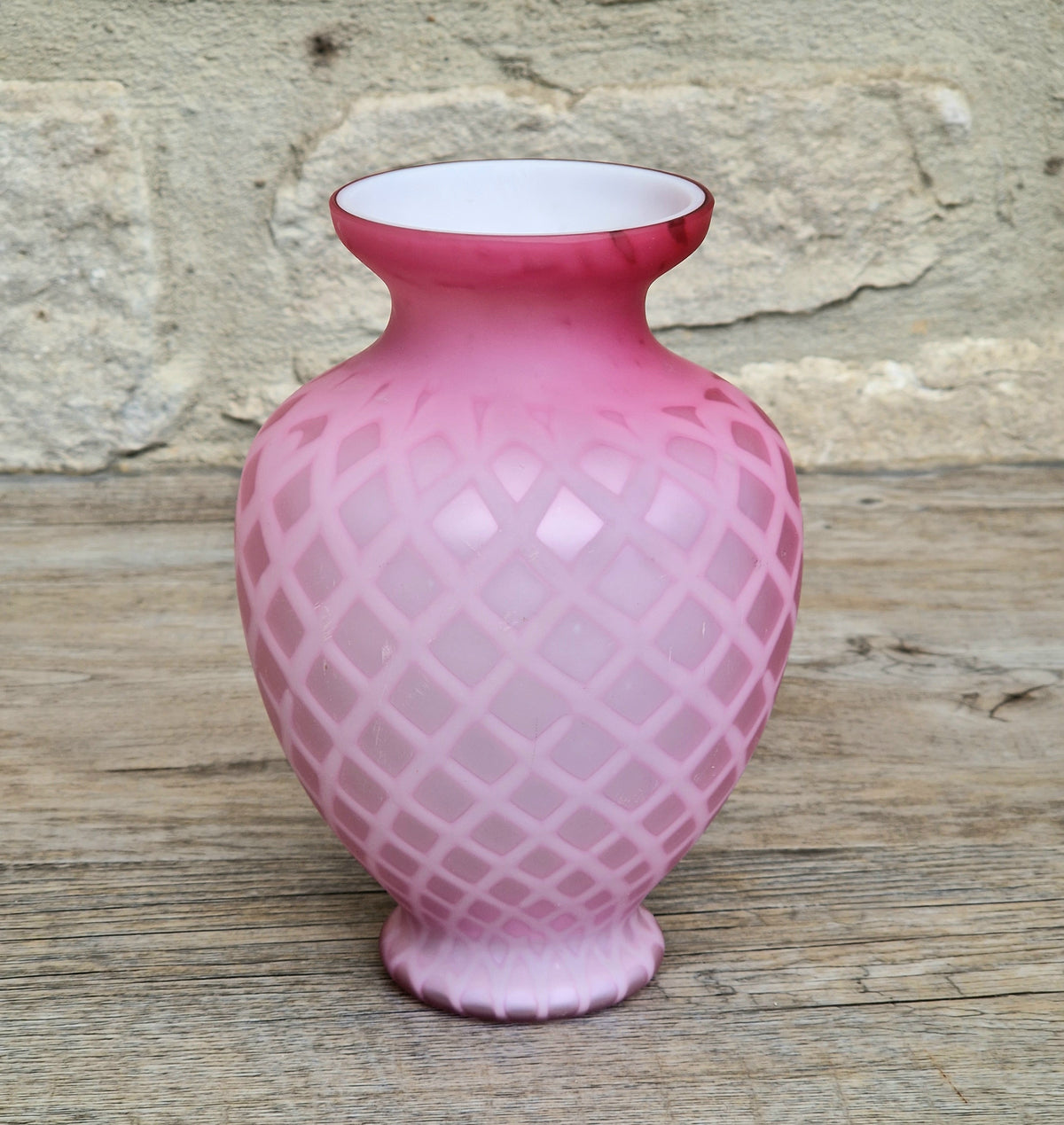 Antique Pink Satin Glass Vase - Victorian Diamond Quilted Mother of Pearl Art Glass - 19th Century Shaded Cranberry Cabinet Vase, Webb Style