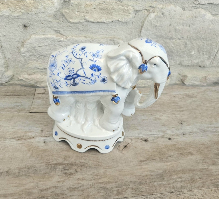 Vintage Elephant Figurine Porcelain Gold Accents Blue & White Floral Pattern Ceramic 7" Tall