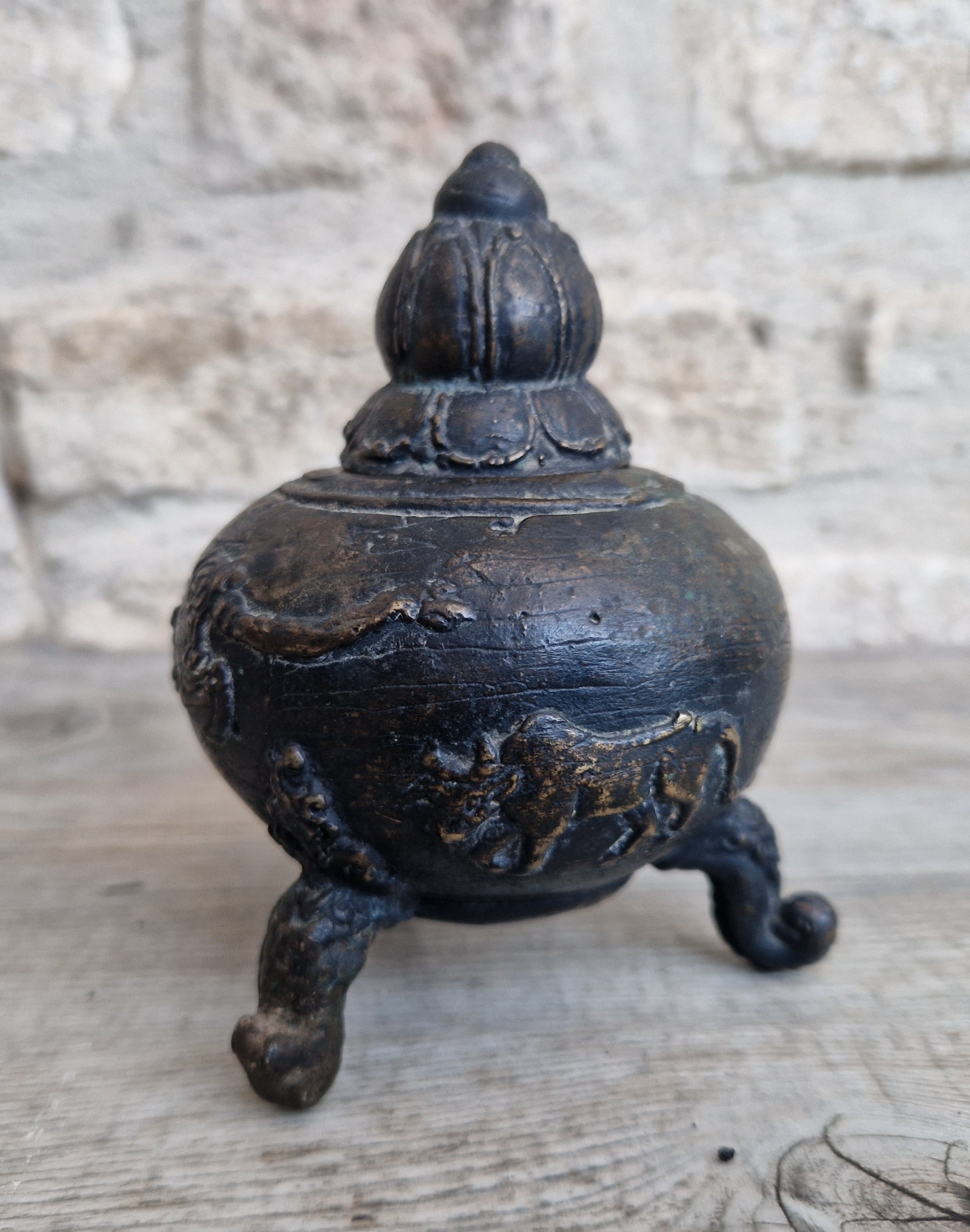 Ancient Chinese Bronze Tri-Foot Lidded Censer Mythic Creatures Reliefs