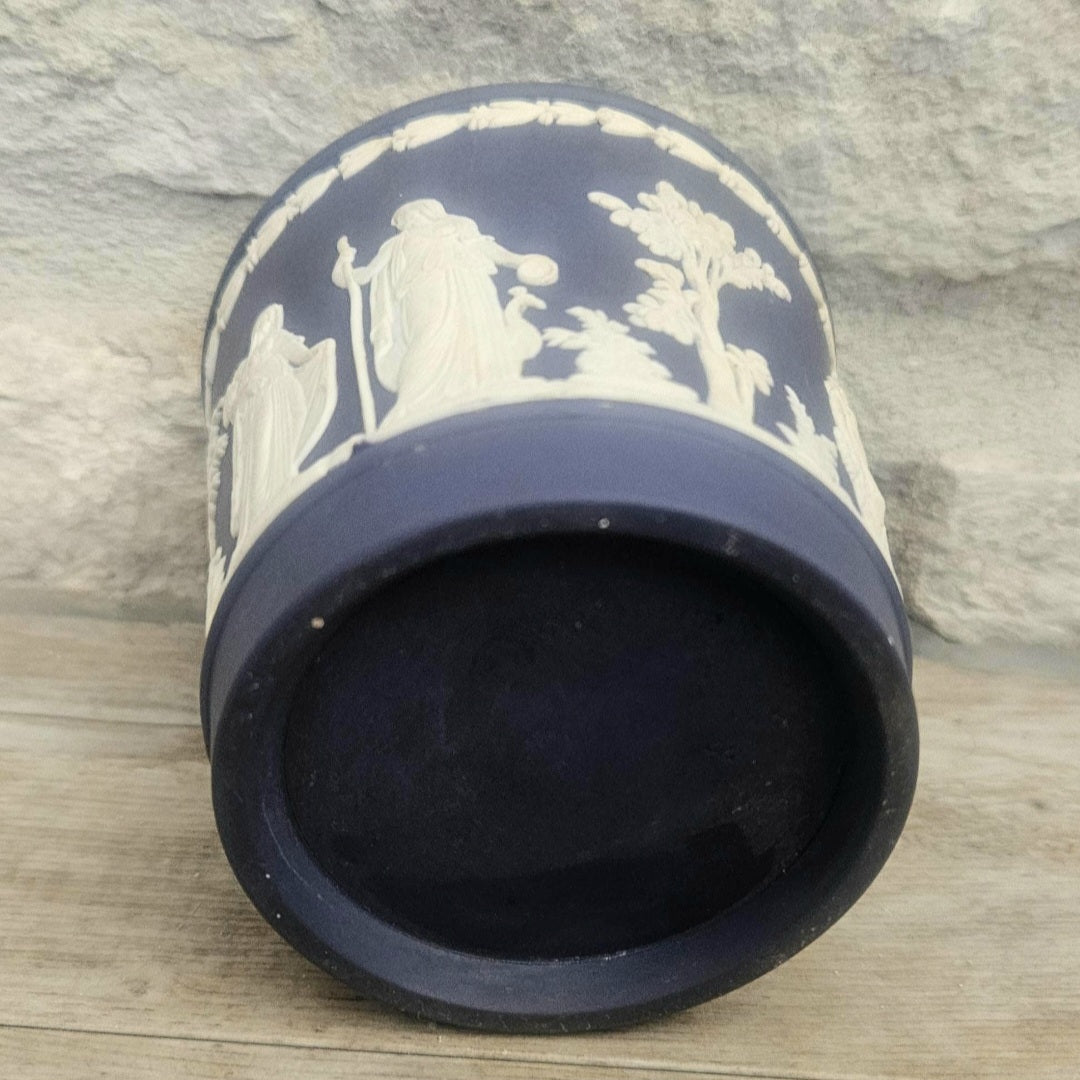Vintage Wedgwood Cobalt Blue White Relief Neoclassical Small Cache Pot Made in England 7.5cm Tall