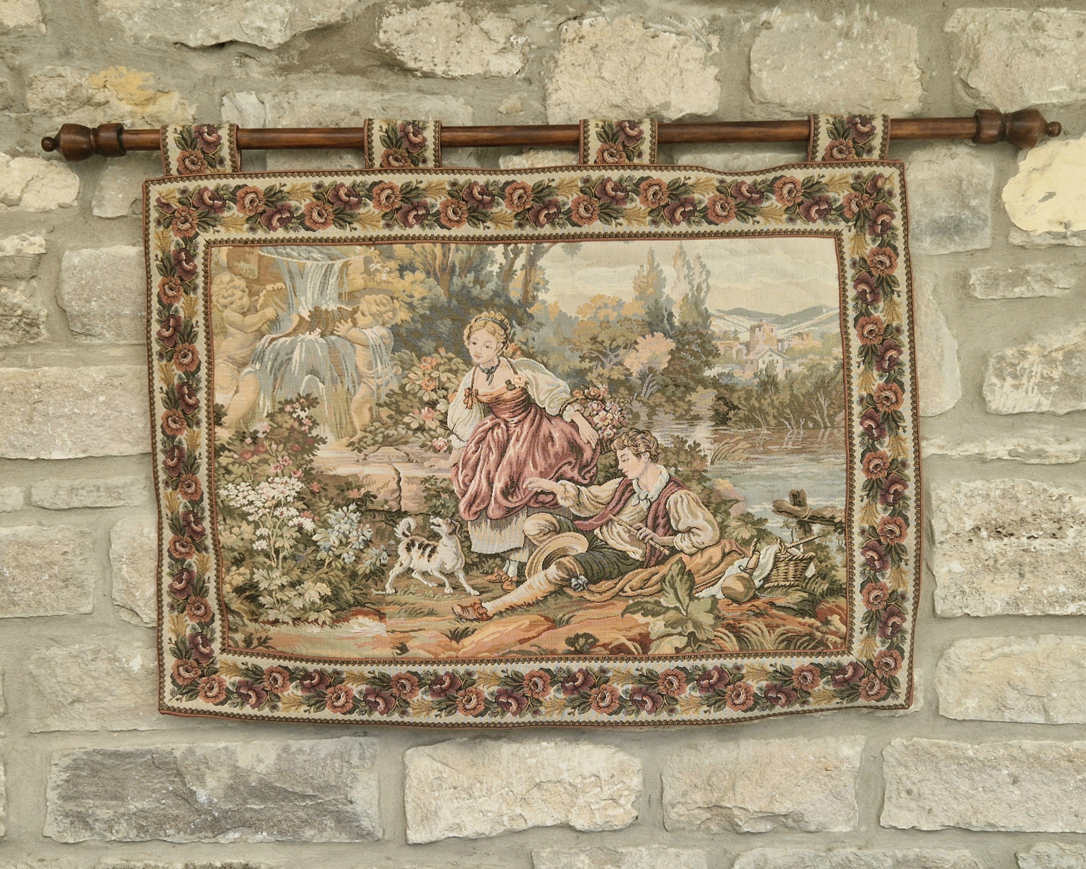 Vintage French Jaquard Pastoral Tapestry Wall Hanging Mounted on Oak Finialled Pole Linned & Finished in England 86cm x 62cm