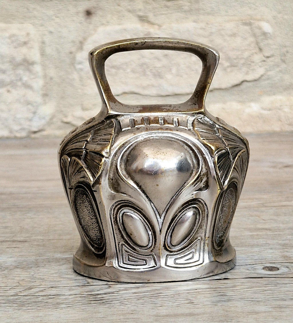 Antique Art Nouveau Silvered Bronze Large Ornate Decorated Table Bell