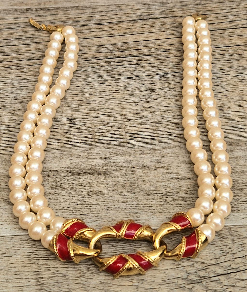 Vintage Double Strand Faux Pearl Necklace with bold gold and red enamel Statement Embellished Richelieu 40cm