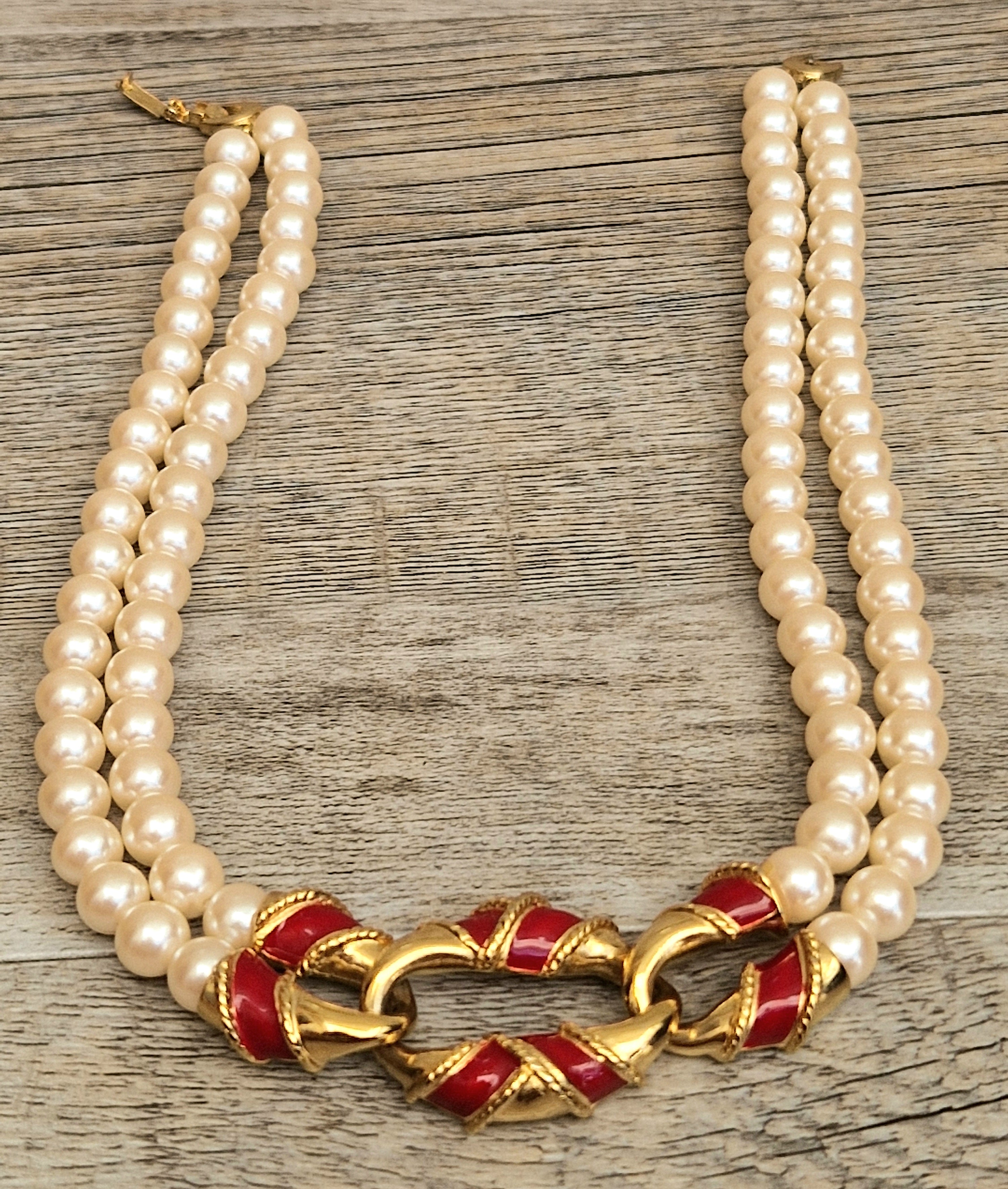 Vintage Double Strand Faux Pearl Necklace with bold gold and red enamel Statement Embellished Richelieu 40cm