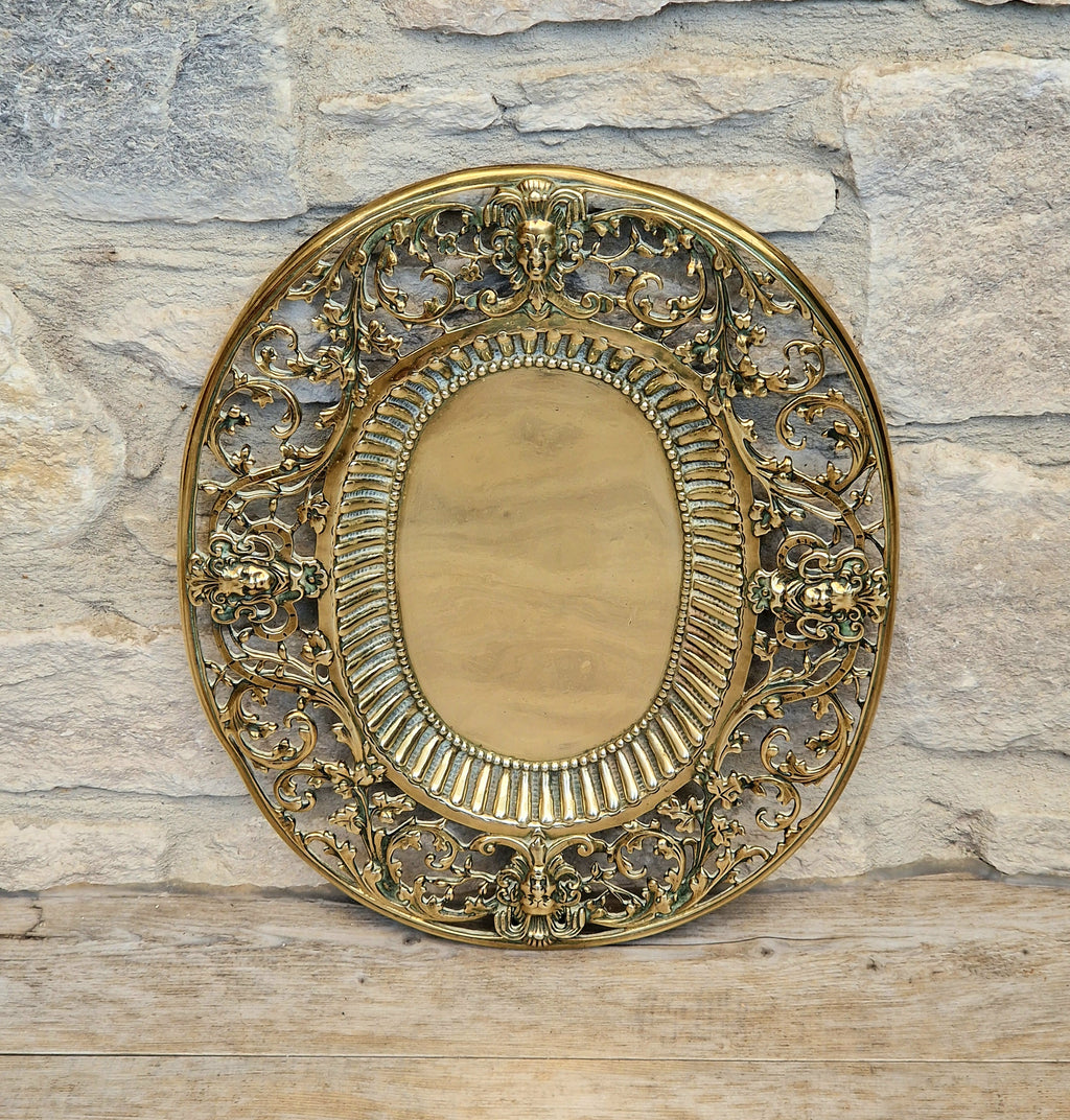 Antique 19thC Baroque Cast Brass Architectural Mount Appliqué Ornate Mascaron Filigree Vanity Card Tray Plate Hand-Tooled Pattern 1018