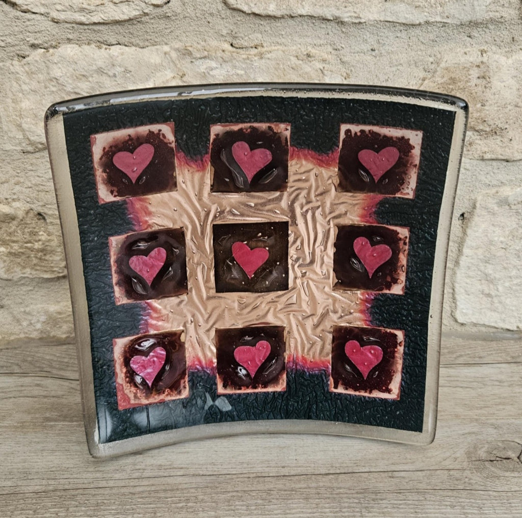 Art Glass Large Love Heart Fused Glass Curved Square Centrepiece 19cm Square