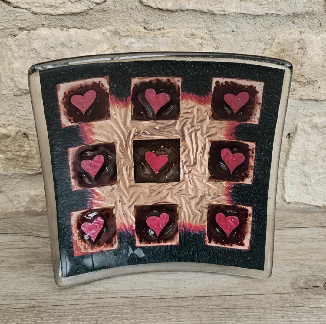 Art Glass Large Love Heart Fused Glass Curved Square Centrepiece 19cm Square