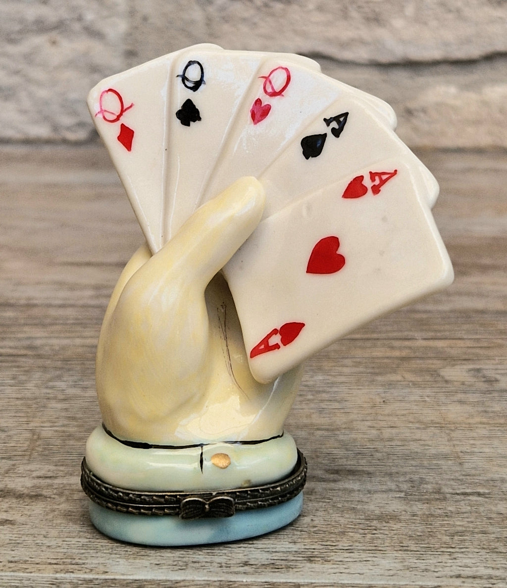 Vintage Rare Limoges Ceramic Poker Hand Full House Card Trinket Pill Box Casino