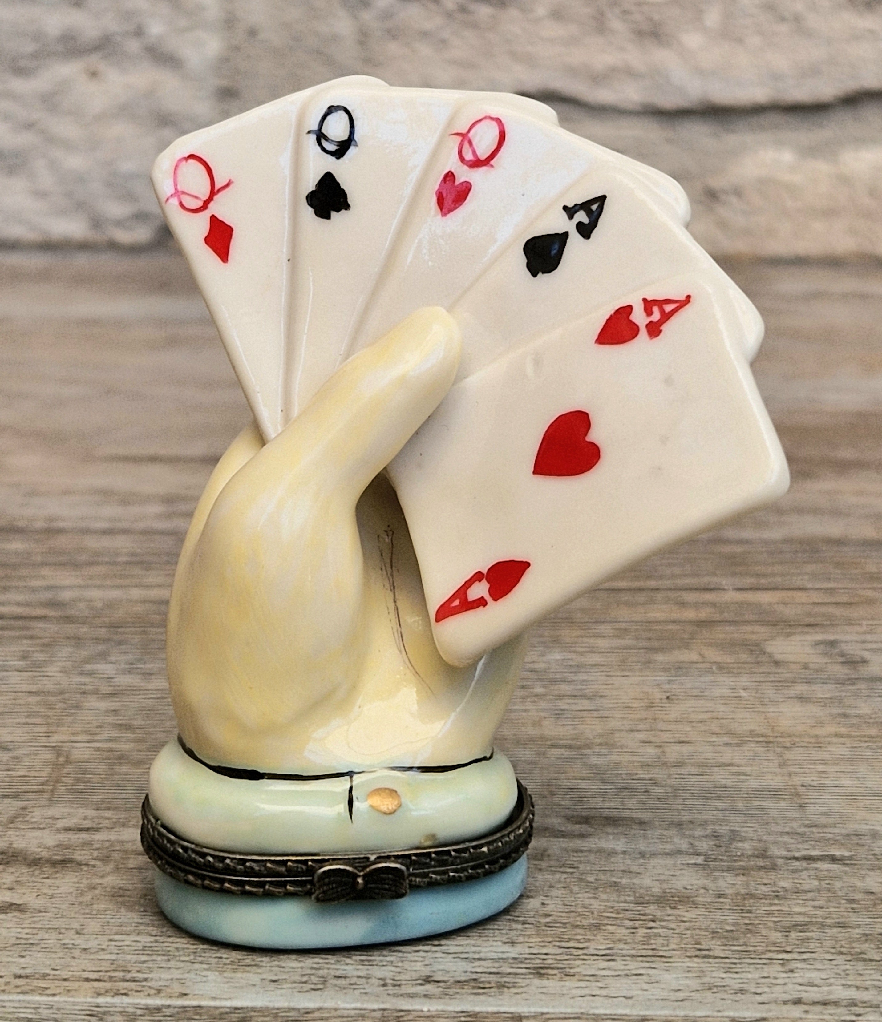Vintage Rare Limoges Ceramic Poker Hand Full House Card Trinket Pill Box Casino