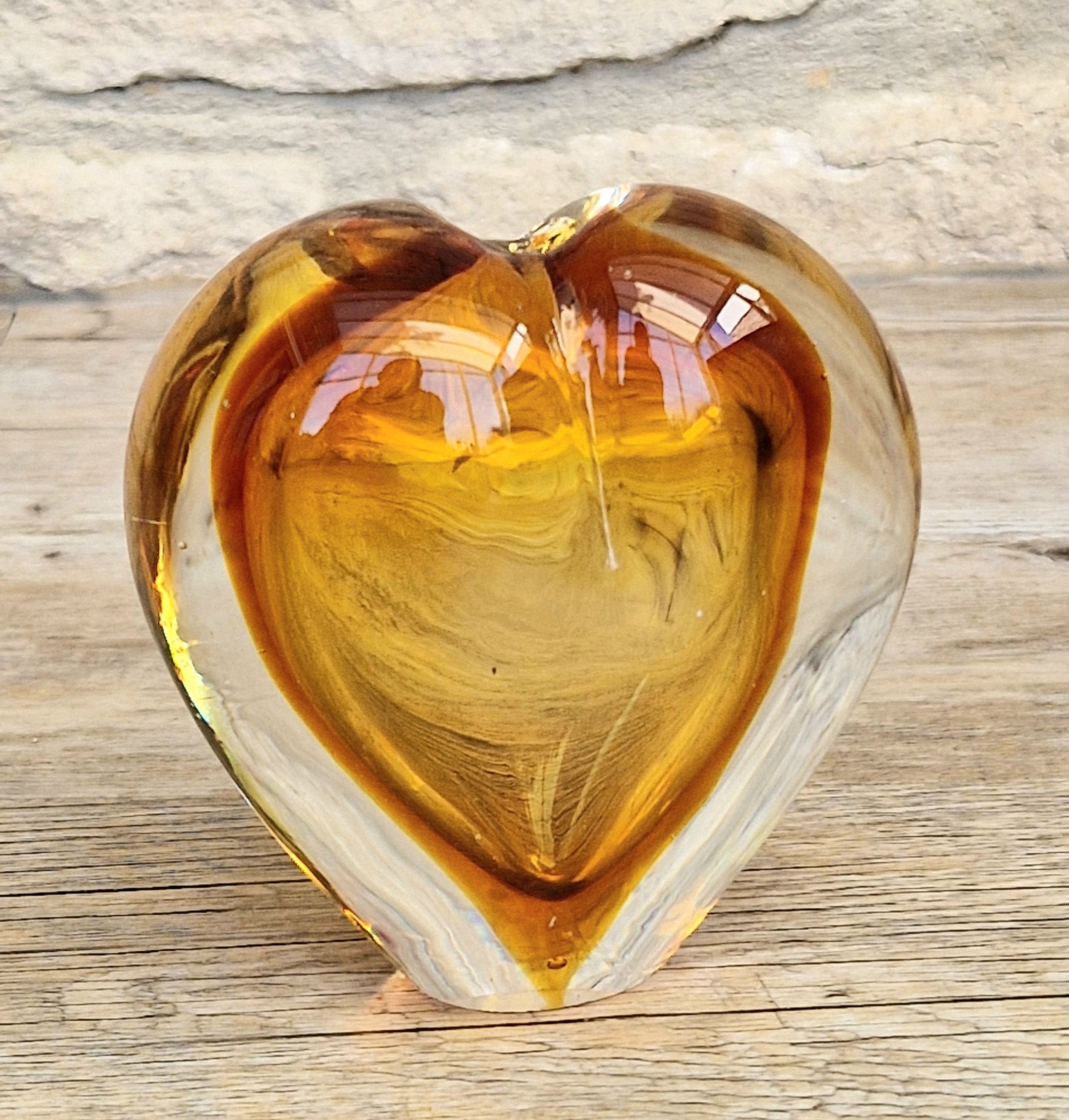 Vintage Mid Century Murano Sommerso Amber Art Glass Heart Vase Paperweight Seguso Sculptural Decor
