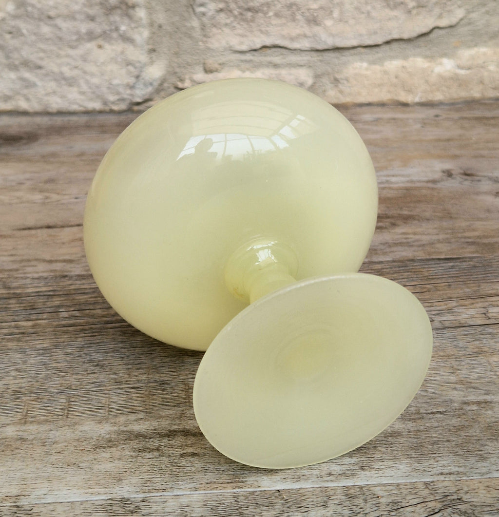Vintage Italian Opaline Green Glass by Vincenzo Nason 1950s Hand Blown Gilt Rim Pedestal Candy Dish