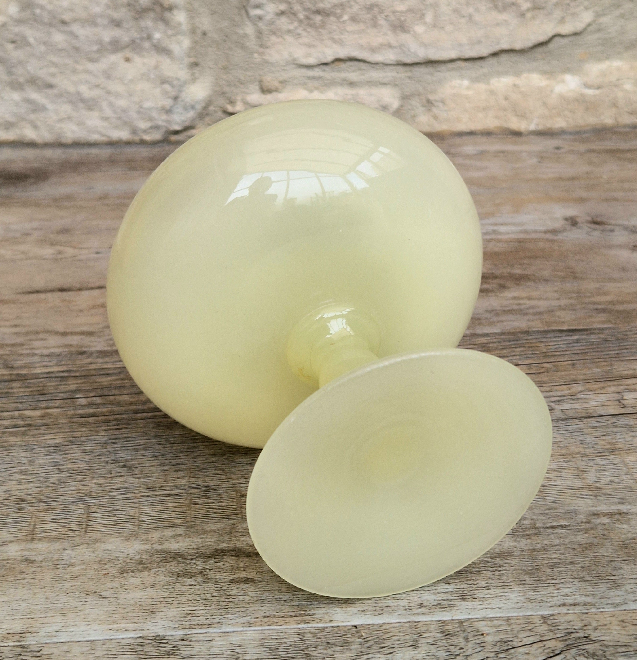 Vintage Italian Opaline Green Glass by Vincenzo Nason 1950s Hand Blown Gilt Rim Pedestal Candy Dish