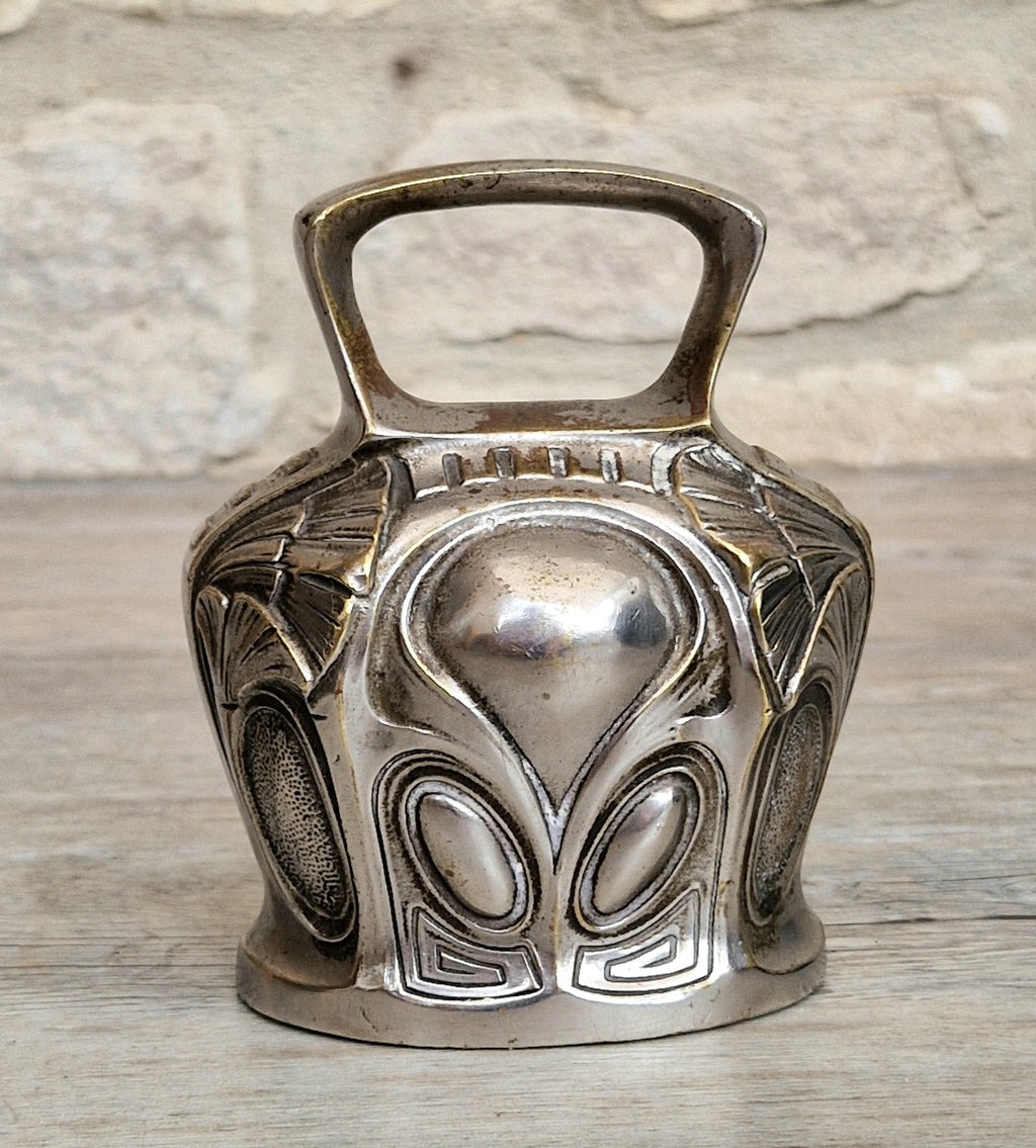 Antique Art Nouveau Silvered Bronze Large Ornate Decorated Table Bell