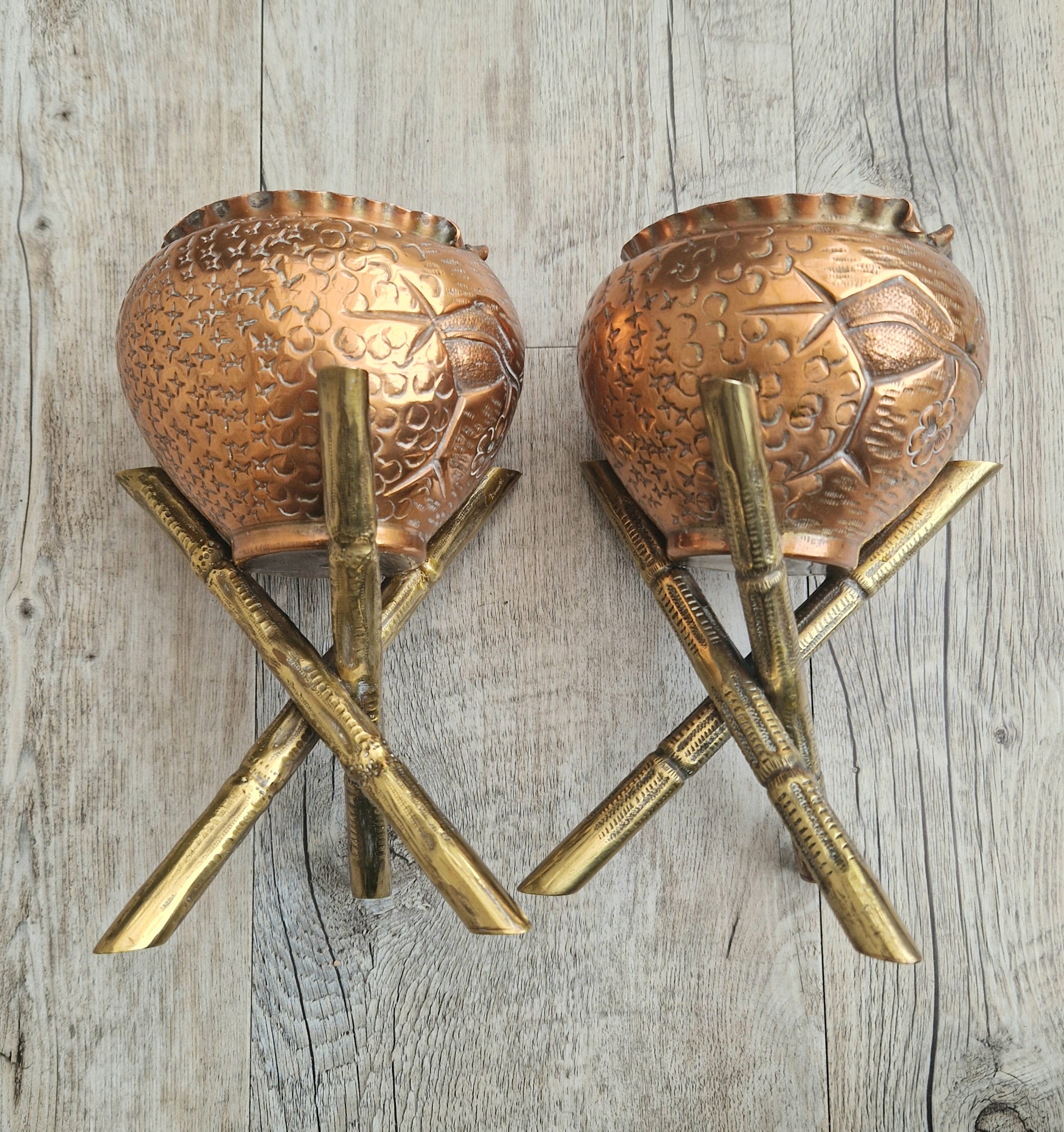 Pair of Antique Japanese Aesthetic Movement Arts & Crafts Copper And Brass Faux Bois Jardinieres