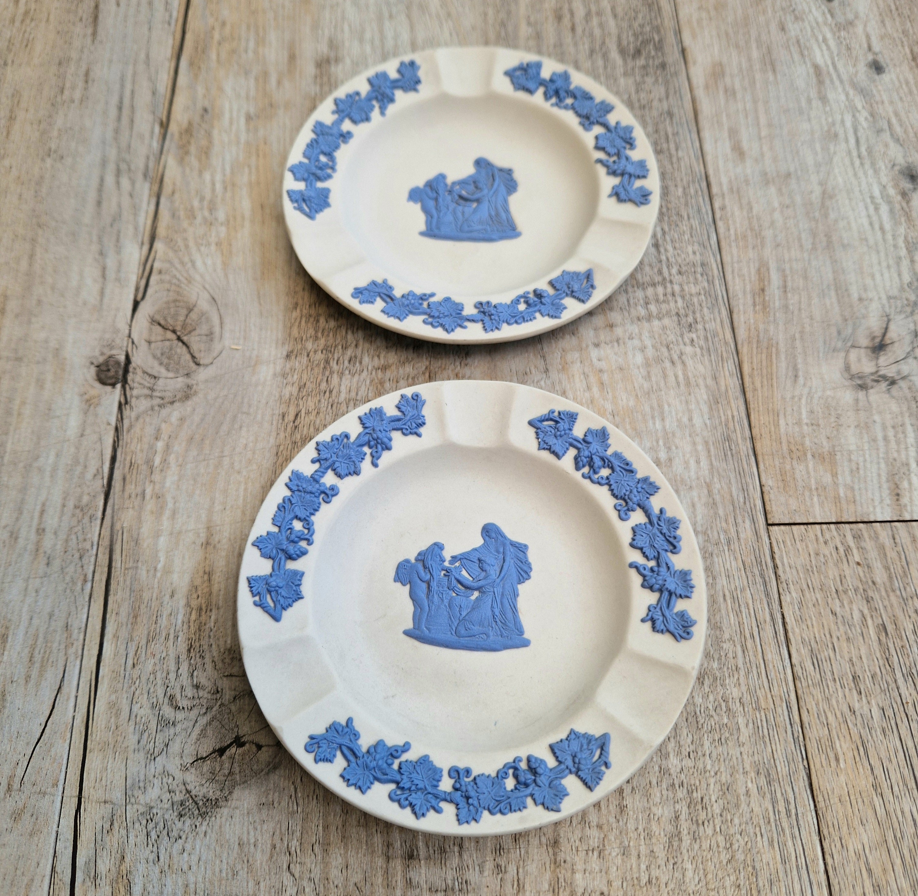 Pair Wedgwood Reverse Blue on White Jasperware Neo-Classical Pin Tray Ashtrays Vintage