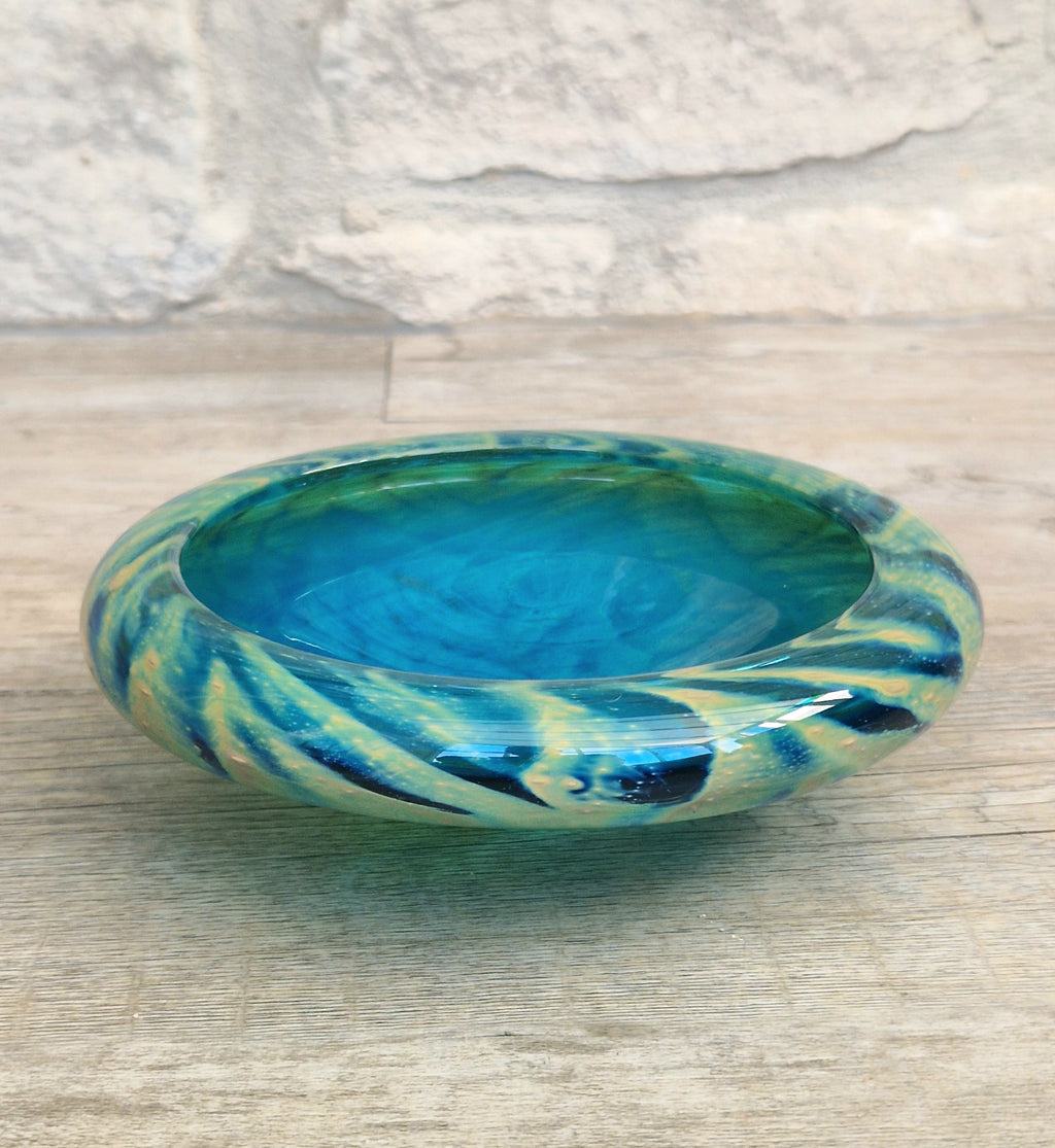 Mdina Glass Green Whirlpool Bowl Vintage 1970s Michael Harris Art Glass Malta