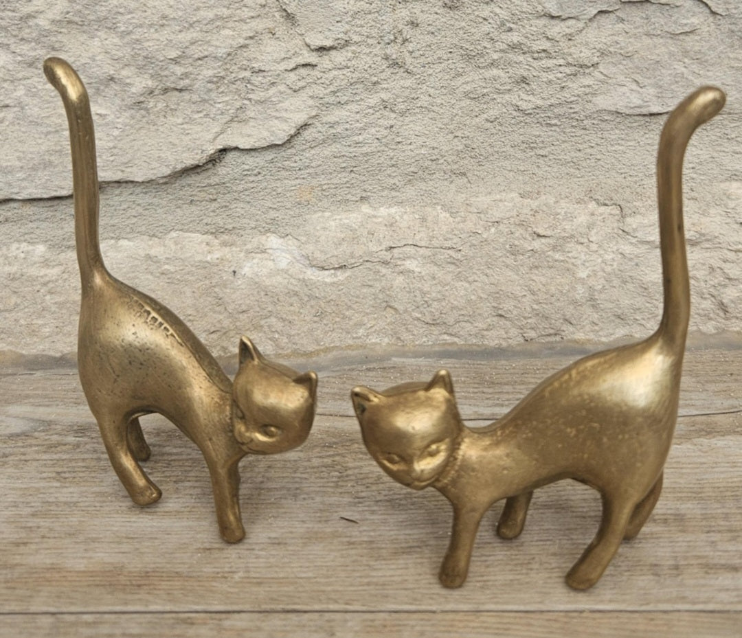 Mid-Century Solid Brass Cat Figurines: Pair of Cat Ornaments