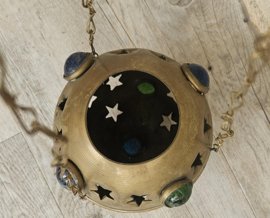 Vintage Pierced Brass Hanging Lantern with cabouchon verdigris Bohemian Moroccan