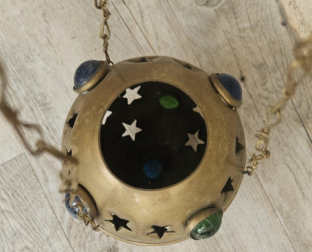 Vintage Pierced Brass Hanging Lantern with cabouchon verdigris Bohemian Moroccan