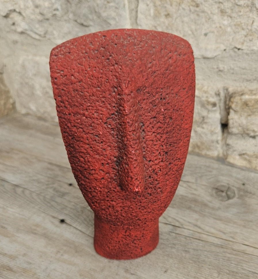 Vintage Red Cycladic Head Sculpture Minimalist Pop Art Textured Resin 18.5cm Tall