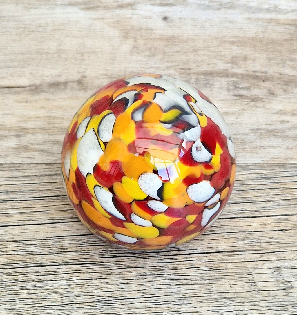 Vintage Orange, Red & White Speckled Mdina Art Glass Ball Paperweight Signed