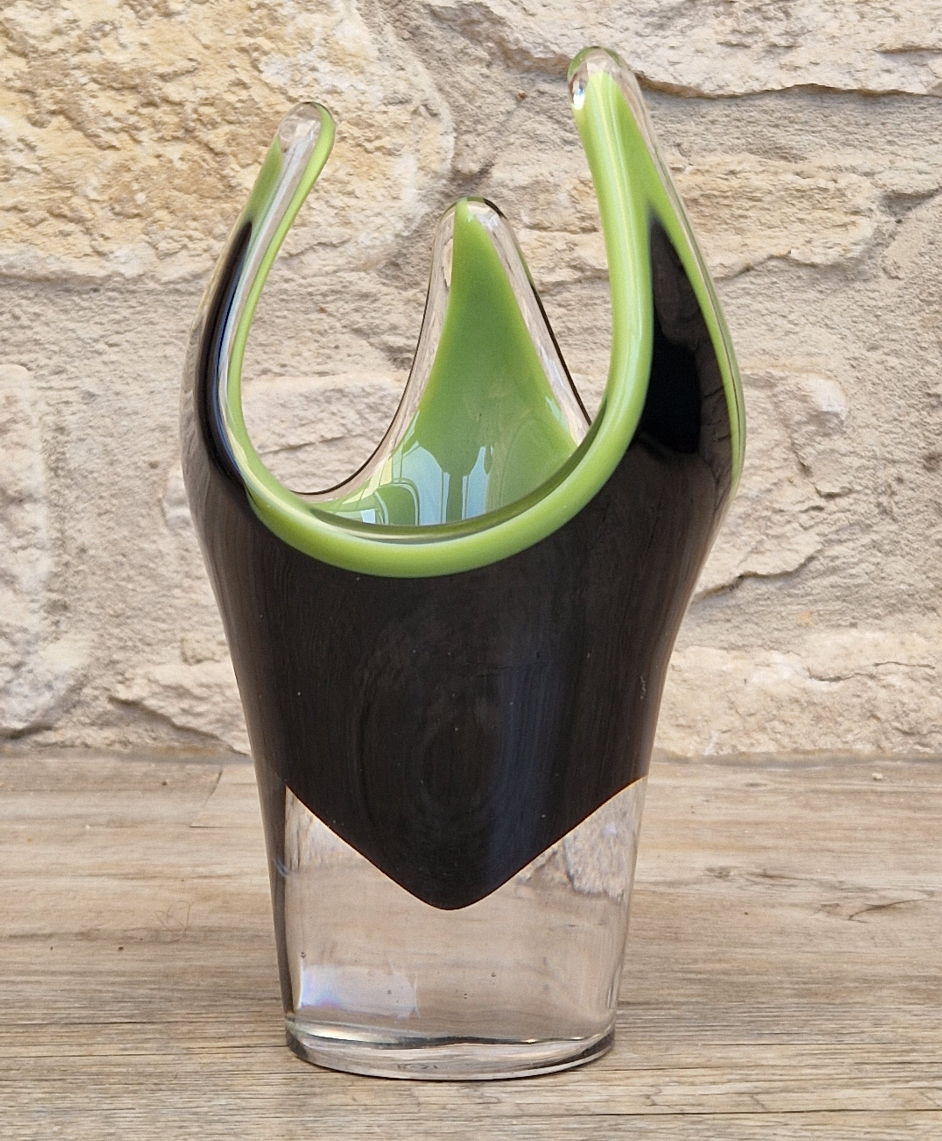 Reijmyre Harlequin Vase Black & Green Signed Paul Kedelv Art Glass, 1958