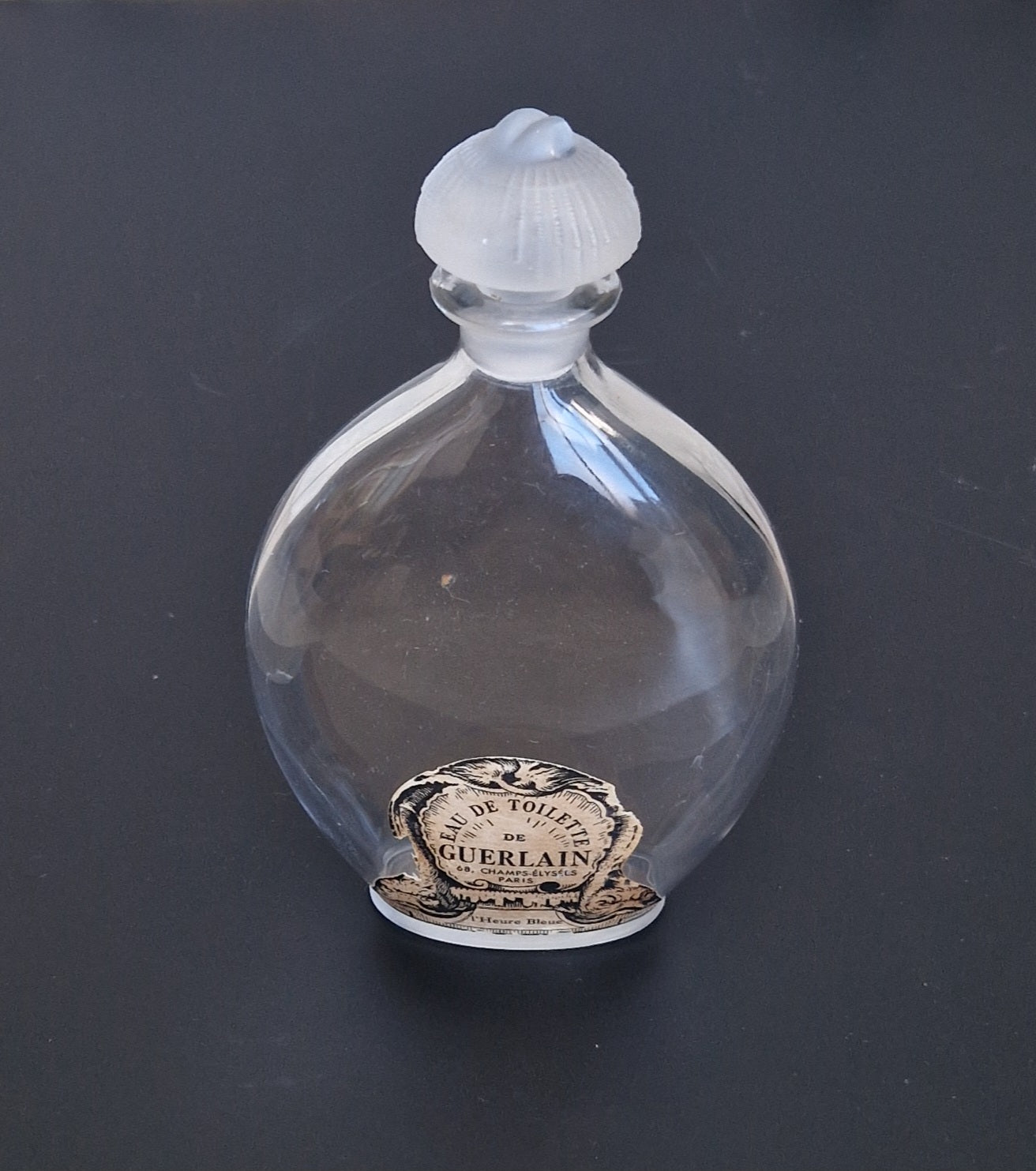 Guerlain Glass Perfume Bottle Dolphin Paper Label Frosted Stopper L'Heure Bleue 'Flacon Goutte' Empty 16.5cm