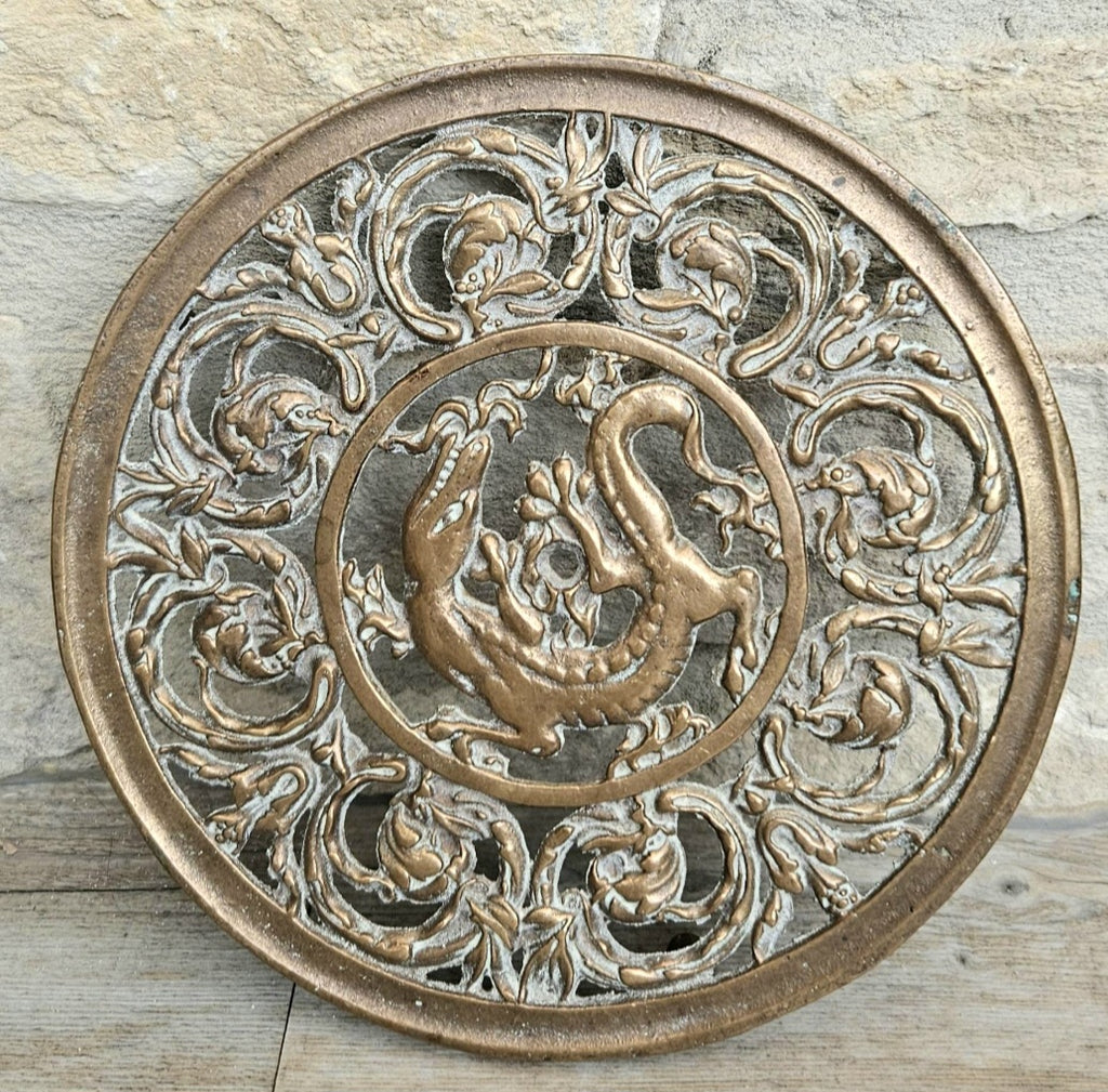 Vintage Filligree Ornate Brass Dragon Round Trivet Stand 20cm Diameter