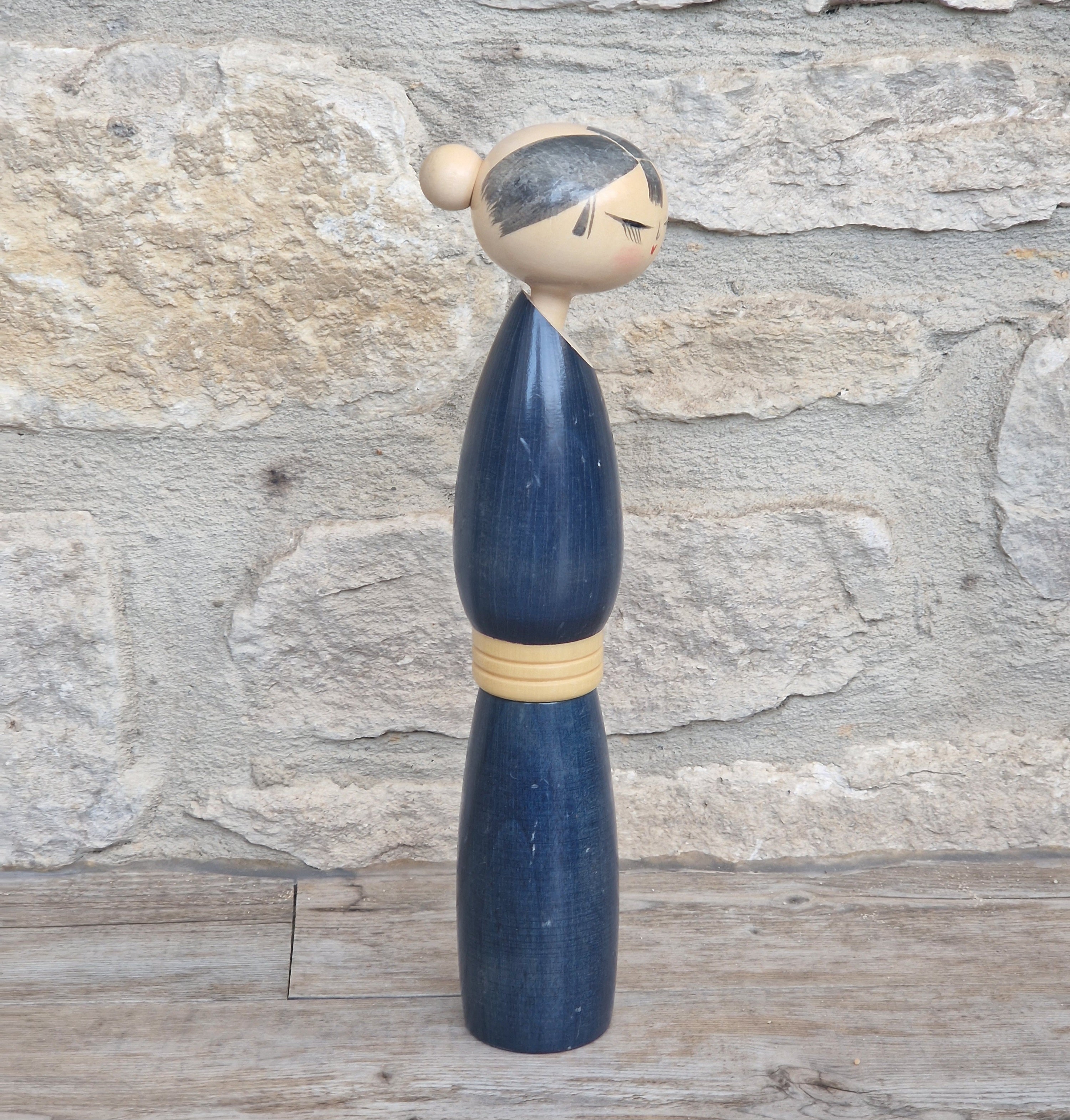 Vintage Japanese Sosaku Kokeshi Doll by Sato Suigai Signed Semishigure Blue Wooden Folk Art 25cm