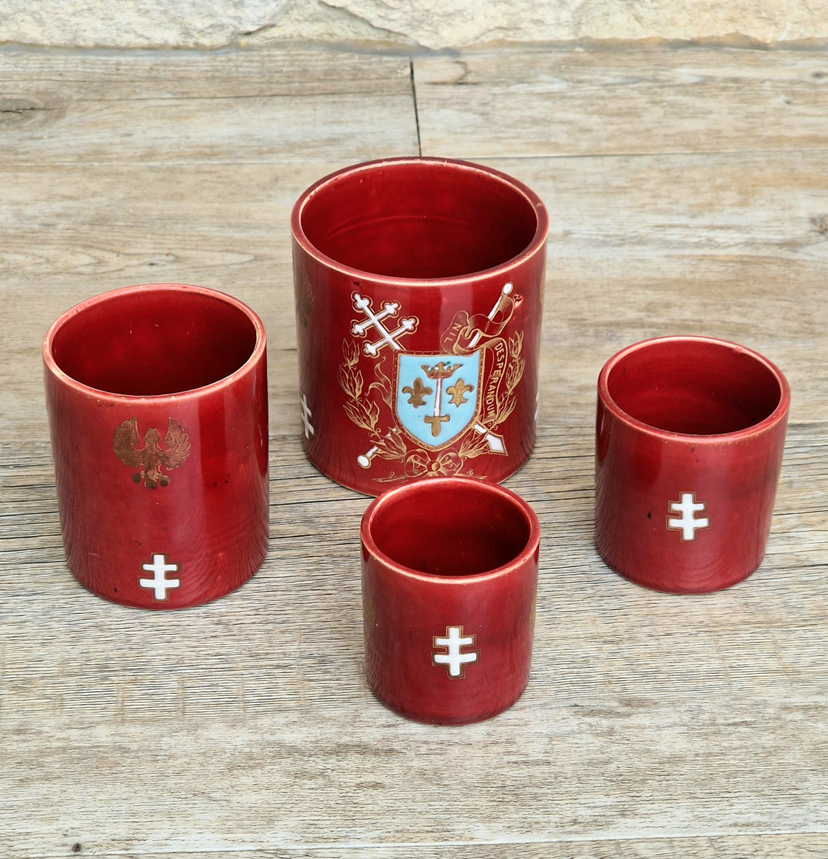 Rare Antique French Lunéville Ceramic Nesting Beakers, Keller & Guérin, Lorraine Heraldry, Nil Desperandum, c.1890 Set